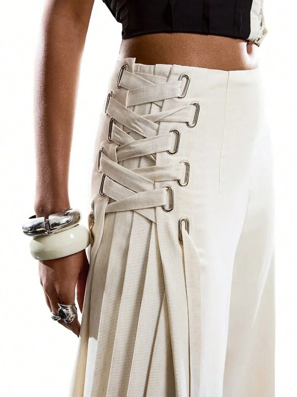 Casual Women's Minimalist Tie-Up wide legged pleated detailed Pants - Picture 5 of 7
